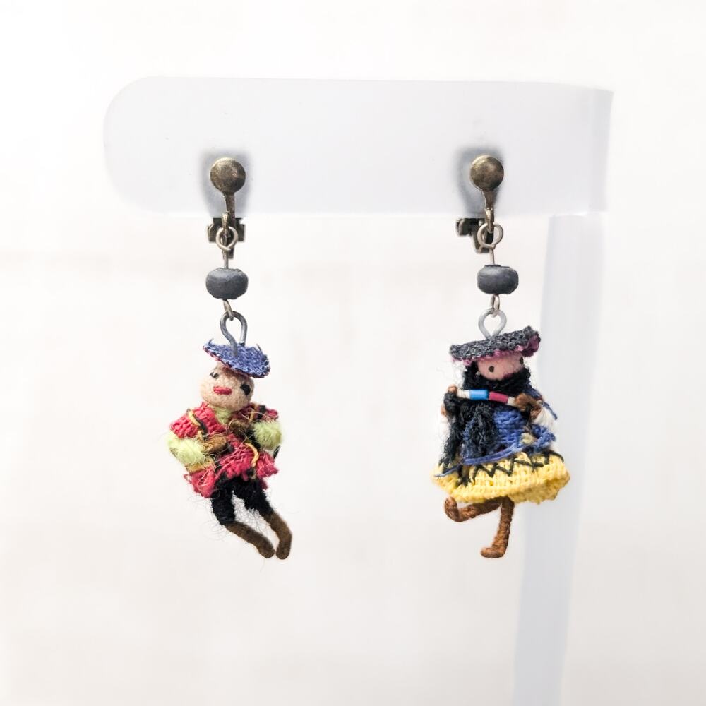 Vintage Clip On Earrings Worry Dolls - Dangle Drop Earrings